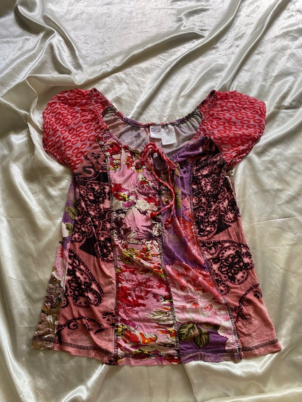 VTG y2k Patchwork Butterfly Floral Beaded Short Sleeve Blouse Fairycore Small